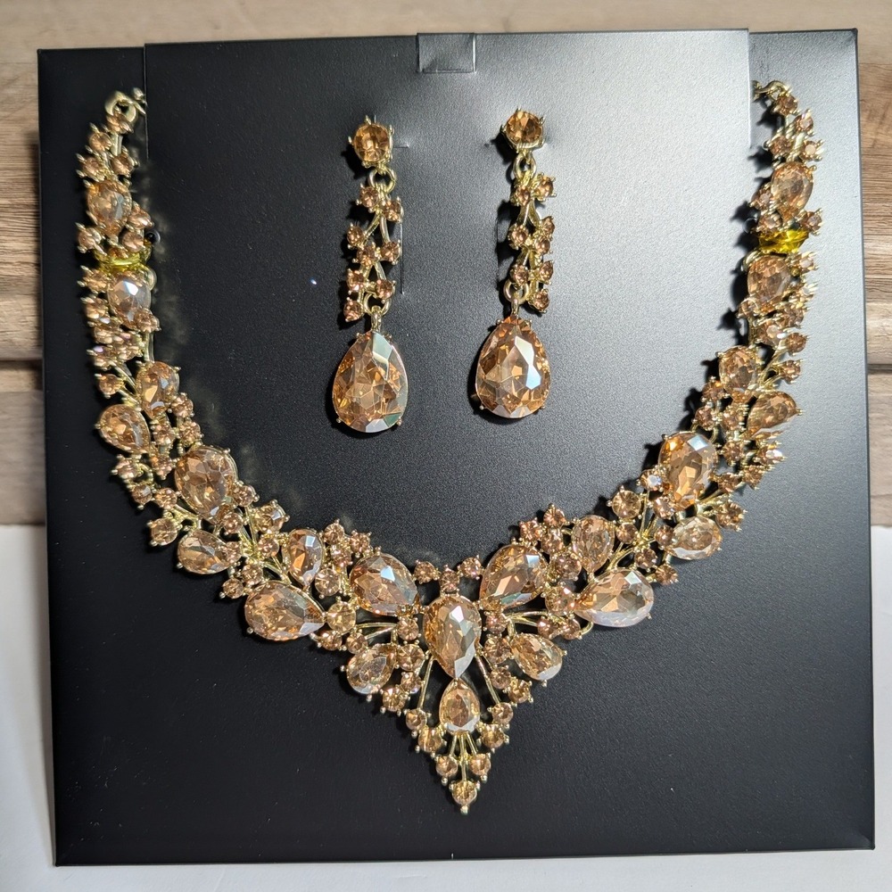 Champagne Gold Crystal Bib Necklace Set Prom Bridal Wedding Rhinestone Earrings